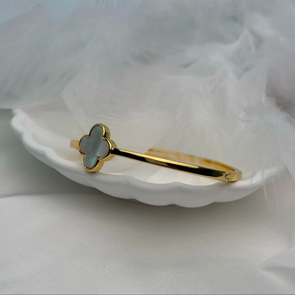NWT Stainless Steel Metal Mother of Pearl Clover Bangle
Bracelet in Gold - Picture 2 of 6